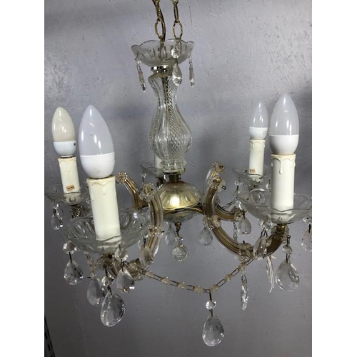 410 - Vintage lighting, pair of five branch glass chandeliers with faux candles