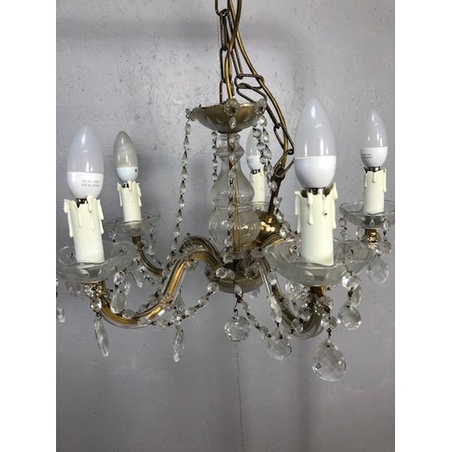 410 - Vintage lighting, pair of five branch glass chandeliers with faux candles