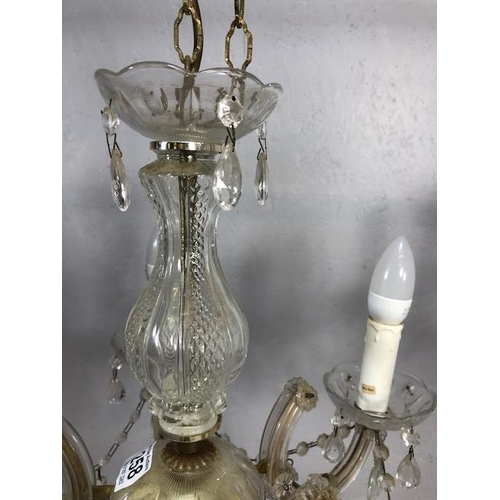 410 - Vintage lighting, pair of five branch glass chandeliers with faux candles