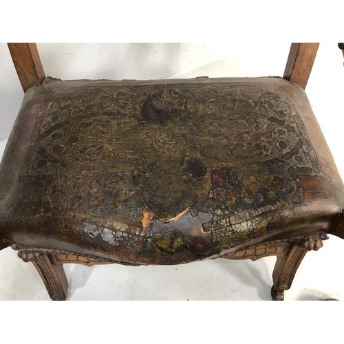 421 - Antique Furniture, 19th Century Spanish revival arm chair the frame with carved decoration of lions ... 