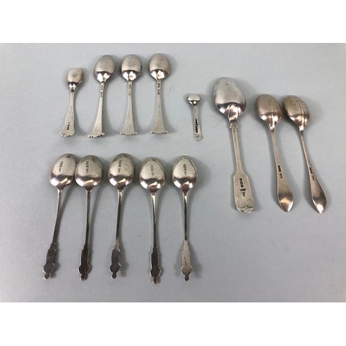 44 - Silver Hallmarked spoons to include apostle, fancy and salt, 13 items approximately 131.3g