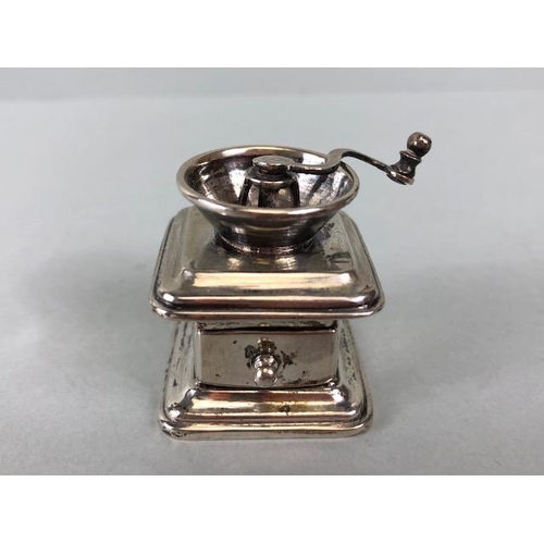 5 - Miniature silver items to include a continental silver Violin and Coffee grinder and an English hall... 