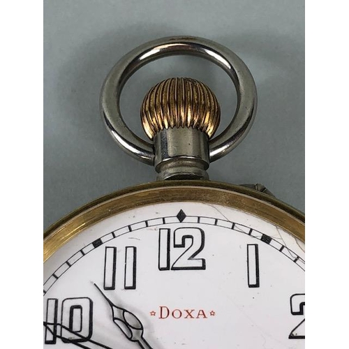 52 - Antique Goliath watch by Doxa, Arabic numerals on a white face with secondary dial, in a  bedside /t... 