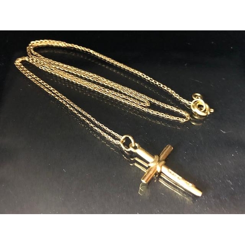 56 - Hallmarked 375 9ct Gold cross on fine 9ct Gold chain (A?F) total weight approx 3g