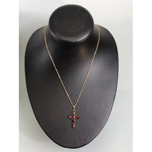 6 - 9ct Gold chain with a 9ct Gold pendant cross set with garnets (total weight approx 6.5g