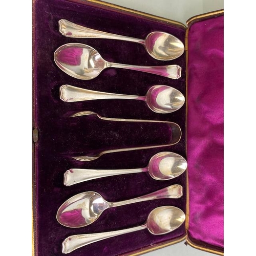 60 - Antique Silver hallmarked  set six  of teaspoons and pair  silver hall marked of sugar tongs in thei... 