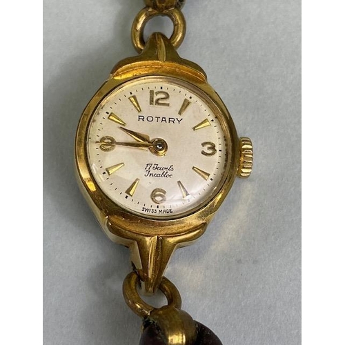 63 - 9ct gold cased ladies dress watch on a RG bracelet, winds and runs, along with a vintage Rotary ladi... 