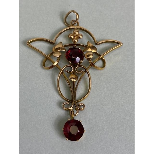 66 - Antique jewellery, Art Nouveau unmarked rose gold metal pendant set with two garnets, approximately ... 