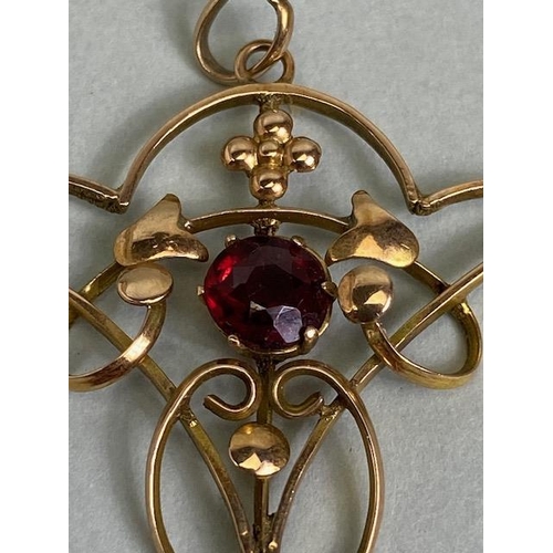 66 - Antique jewellery, Art Nouveau unmarked rose gold metal pendant set with two garnets, approximately ... 