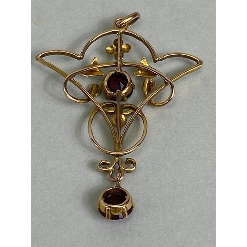 66 - Antique jewellery, Art Nouveau unmarked rose gold metal pendant set with two garnets, approximately ... 