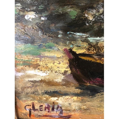 80 - Gleria (Angelo Gleria, California, 1918-1991) oil on board painting signed lower left, fishermen ten... 