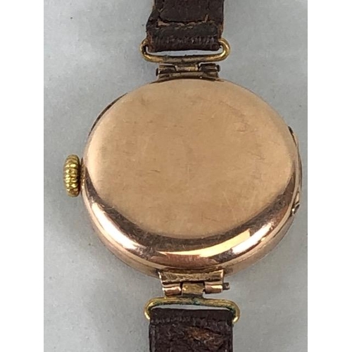 9 - 9ct Gold Ladies early 20th century round wrist watch on leather strap approximately 14.86g complete ... 