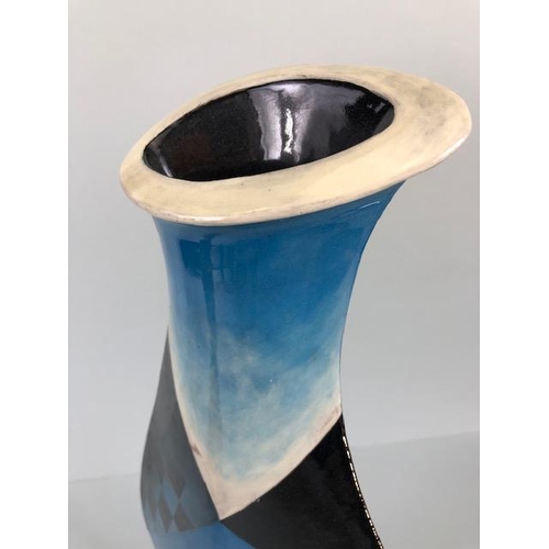 98 - Ross Emerson Art Ceramics, Two flat bodied vases, one with a surrealist table scene in blue tones ap... 