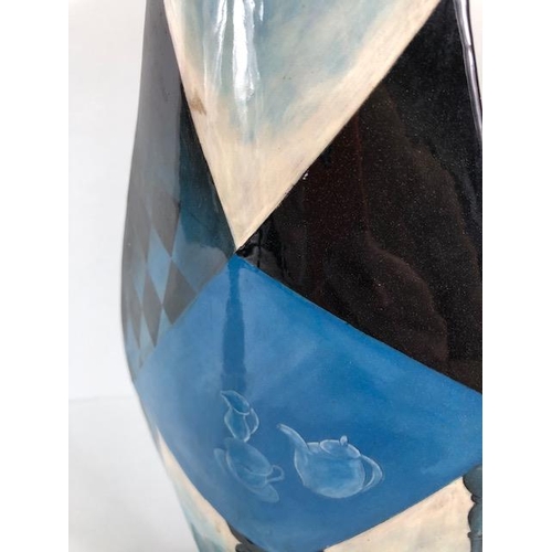 98 - Ross Emerson Art Ceramics, Two flat bodied vases, one with a surrealist table scene in blue tones ap... 