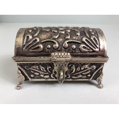 1 - Silver chest or box with domed hinged lid on hoof feet, marked 800, with makers mark to base, approx... 