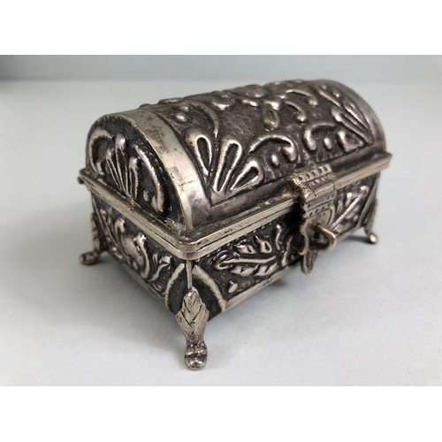 1 - Silver chest or box with domed hinged lid on hoof feet, marked 800, with makers mark to base, approx... 