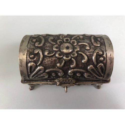 1 - Silver chest or box with domed hinged lid on hoof feet, marked 800, with makers mark to base, approx... 