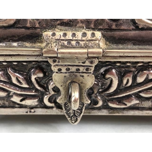 1 - Silver chest or box with domed hinged lid on hoof feet, marked 800, with makers mark to base, approx... 