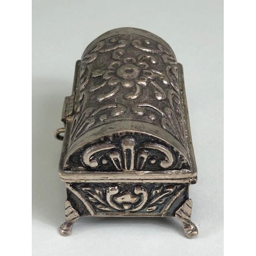 1 - Silver chest or box with domed hinged lid on hoof feet, marked 800, with makers mark to base, approx... 