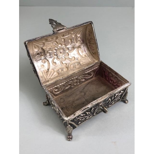 1 - Silver chest or box with domed hinged lid on hoof feet, marked 800, with makers mark to base, approx... 