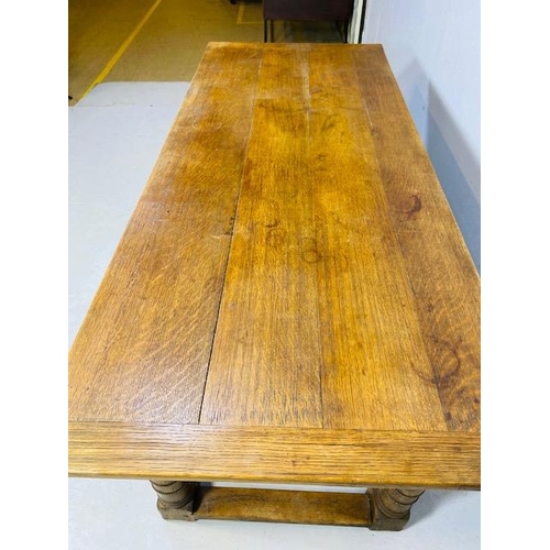 102 - Oak Antique four planked refectory table with bread board ends on turned legs with four stretchers a... 