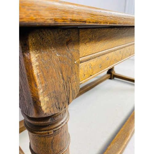 102 - Oak Antique four planked refectory table with bread board ends on turned legs with four stretchers a... 