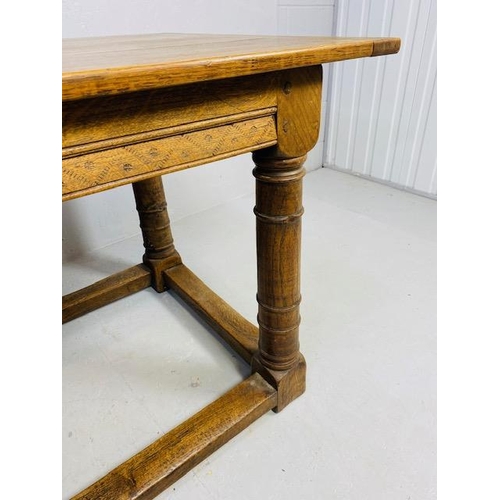 102 - Oak Antique four planked refectory table with bread board ends on turned legs with four stretchers a... 