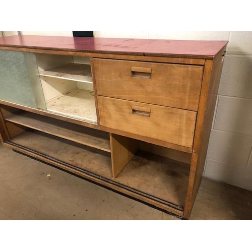 104 - Mid century Kitchen unit with two drawers and glass doors with pink/red top approx 154cm wide