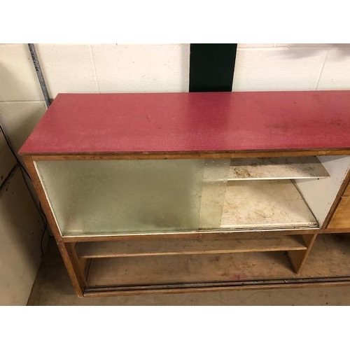 104 - Mid century Kitchen unit with two drawers and glass doors with pink/red top approx 154cm wide