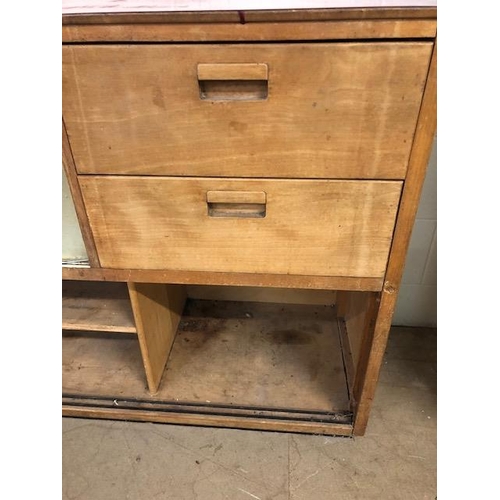 104 - Mid century Kitchen unit with two drawers and glass doors with pink/red top approx 154cm wide