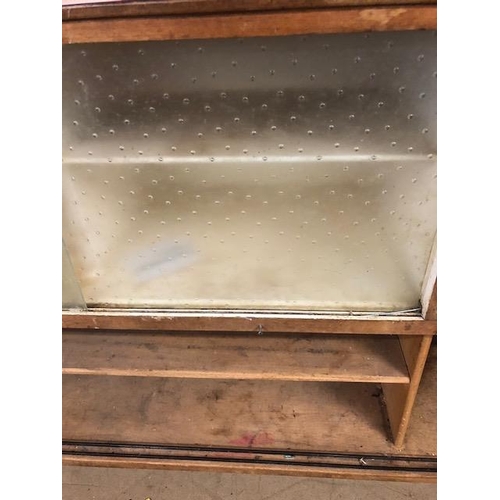 104 - Mid century Kitchen unit with two drawers and glass doors with pink/red top approx 154cm wide