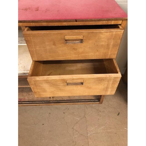 104 - Mid century Kitchen unit with two drawers and glass doors with pink/red top approx 154cm wide