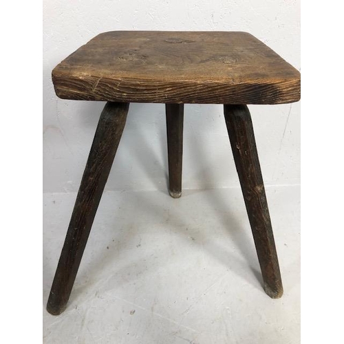 111 - Rustic oak jointed three legged stool of tall proportions approx 58cm tall