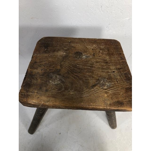 111 - Rustic oak jointed three legged stool of tall proportions approx 58cm tall