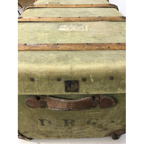 112 - Wooden bound green canvas travel trunk with leather corners approx 90 x 56 x 48cm