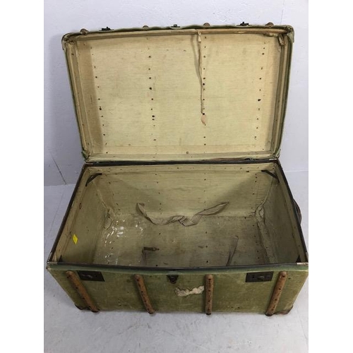 112 - Wooden bound green canvas travel trunk with leather corners approx 90 x 56 x 48cm