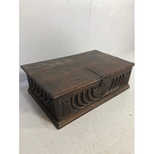 117 - Antique Bible Box Oak with hinged lid and original iron work and carved detailing on stepped base ap... 