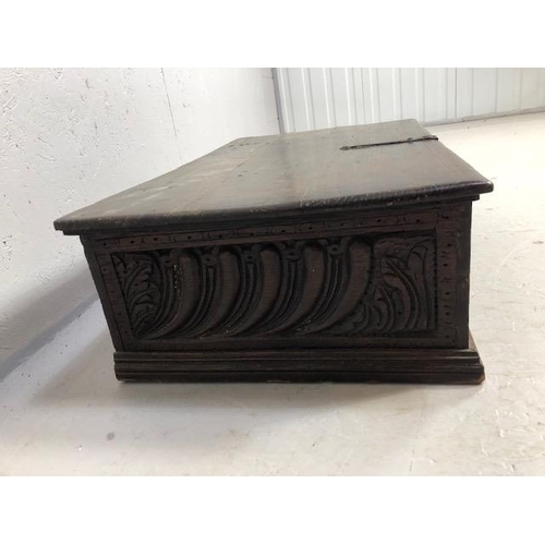 117 - Antique Bible Box Oak with hinged lid and original iron work and carved detailing on stepped base ap... 