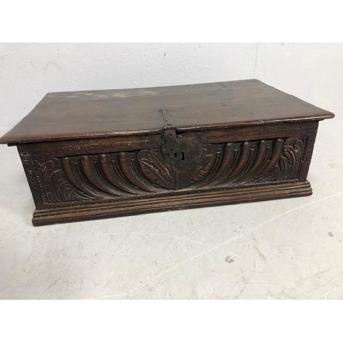 117 - Antique Bible Box Oak with hinged lid and original iron work and carved detailing on stepped base ap... 