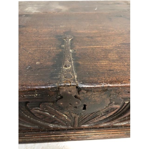 117 - Antique Bible Box Oak with hinged lid and original iron work and carved detailing on stepped base ap... 