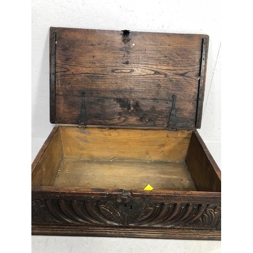 117 - Antique Bible Box Oak with hinged lid and original iron work and carved detailing on stepped base ap... 