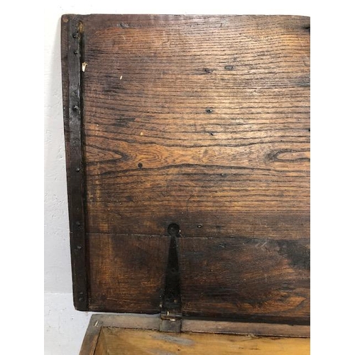 117 - Antique Bible Box Oak with hinged lid and original iron work and carved detailing on stepped base ap... 