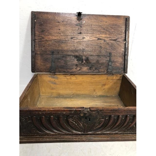 117 - Antique Bible Box Oak with hinged lid and original iron work and carved detailing on stepped base ap... 