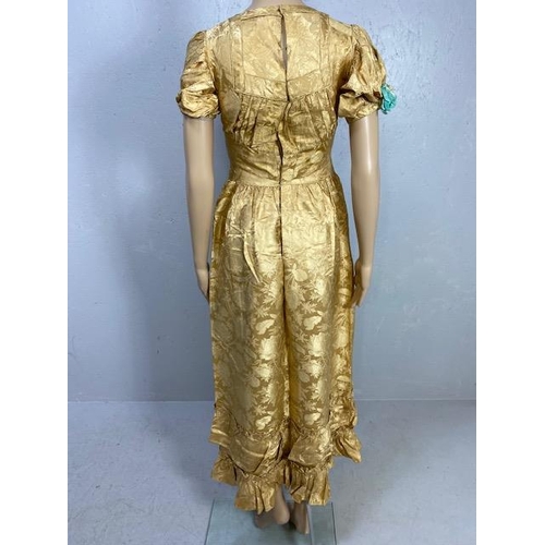 155 - Antique and vintage clothing, early 19th century empire style, gold silk brocade dress, short puff s... 