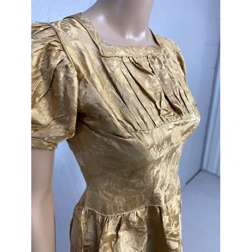 155 - Antique and vintage clothing, early 19th century empire style, gold silk brocade dress, short puff s... 