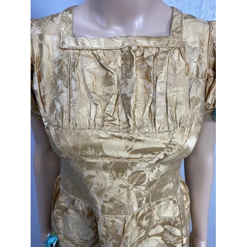 155 - Antique and vintage clothing, early 19th century empire style, gold silk brocade dress, short puff s... 