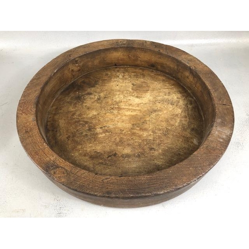 161 - Kitchenalia, late 19th early 20th century elm stilton wheel approximately 43cm across, and a wood an... 