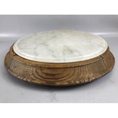 161 - Kitchenalia, late 19th early 20th century elm stilton wheel approximately 43cm across, and a wood an... 