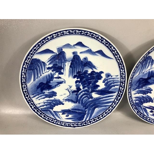 166 - Chinese blue and white ceramic charger plates, both decorated with a  landscape, impressed marks to ... 