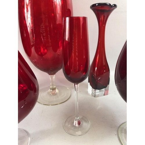 168 - Vintage Ruby glass, to include tall goblet vases art glass dish, Swedish tulip vase, 7 items  larges... 